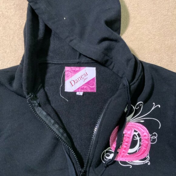 Danesi Jeans Sz Small Black Jacket Pink Embroidered "D" Zip Hood Pockets (E) - Picture 5 of 7